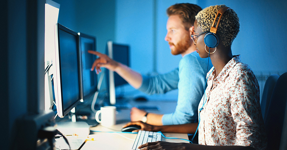 Pair of IT Professionals working at computers